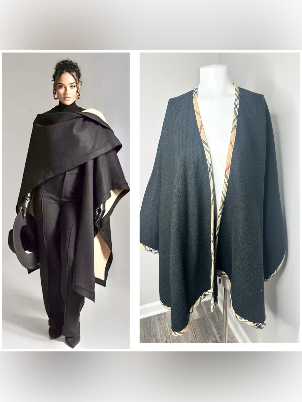 V. FRAAS Black Wrap Cape with Cream Plaid Trim - free size